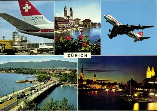 Ak Zürich Stadt Schweiz, Flugzeug DC-8, Stadtansicht, Brücke, Nacht, Flughafen