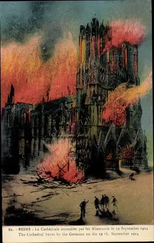 Künstler Ak Reims Marne, Cathédrale incendiée le 19 septembre 1914