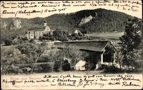 Ak Beuron, Teilansicht der Stadt, Blick auf den Berg