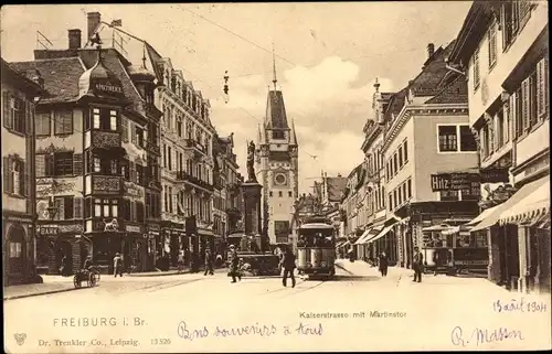 Ak Freiburg im Breisgau, Kaiserstraße mit Martinstor, Straßenbahn, Apotheke