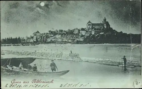 Mondschein Ak Breisach am Oberrhein, Boot, Blick zum Ort