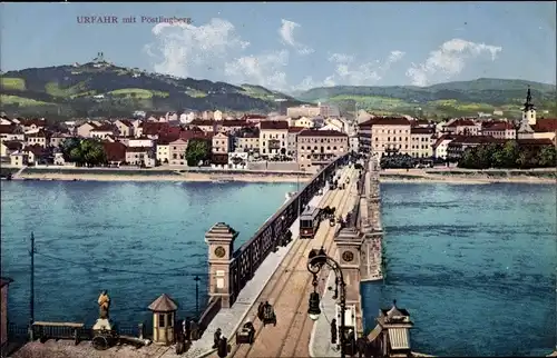 Ak Urfahr Linz an der Donau Oberösterreich, Brücke zur Stadt mit Pöstlingberg
