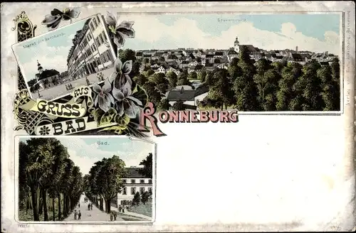 Litho Ronneburg in Thüringen, Markt, Rathaus, Bad, Gesamtansicht