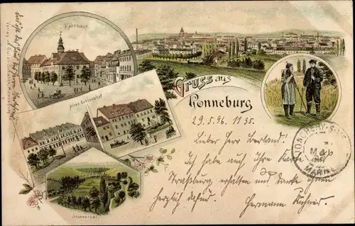 Litho Ronneburg in Thüringen, Rathaus, Alter Schlosshof, Brunnental, Gesamtansicht, Paar in Tracht