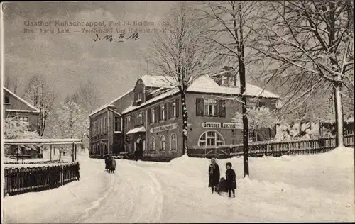 Ak Kuhschnappel Sankt Egidien in Sachsen, Gastwirtschaft Herm. Lahl, Winteransicht