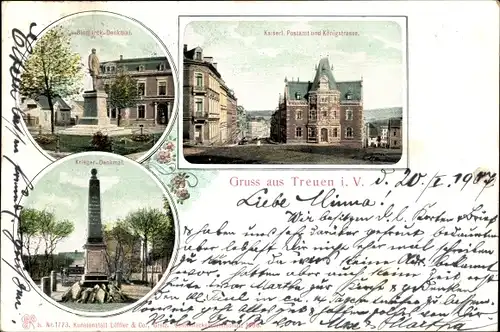 Ak Treuen im Vogtland Sachsen, Bismarckdenkmal, Kaiserliches Postamt, Königstraße, Kriegerdenkmal