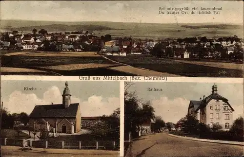 Ak Mittelbach Chemnitz in Sachsen, Panorama, Kirche, Rathaus
