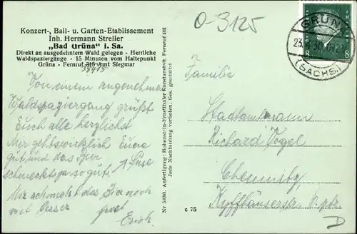 Ak Grüna in Sachsen, Konzert- Ball- und Garten- Etablissement Bad Grüna, Inh. Hermann Streller