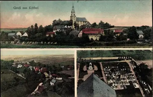 Ak Köthel Schönberg in Sachsen, Gesamtansicht, Kirche, Friedhof