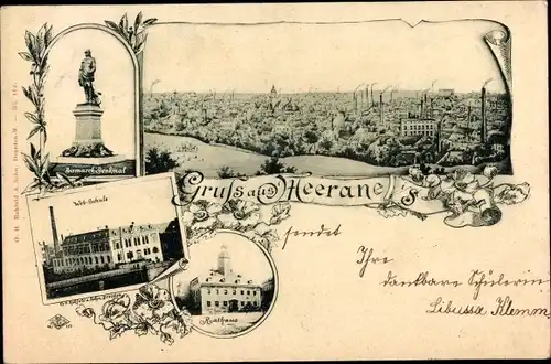 Ak Meerane in Sachsen, Panorama, Bismarckdenkmal, Webschule, Rathaus