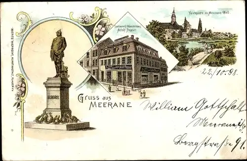 Litho Meerane in Sachsen, Teichplatz 1840, Warenhaus Adolf Popper, Bismarckdenkmal