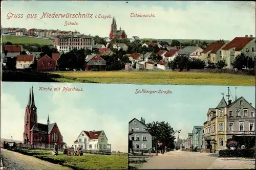 Ak Niederwürschnitz im Erzgebirge Sachsen, Kirche, Pfarrhaus, Stollberger Straße, Totalansicht