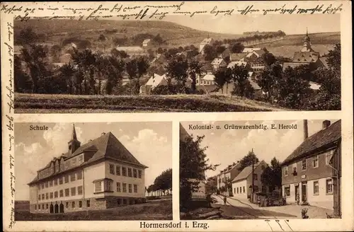 Ak Hormersdorf Zwönitz im Erzgebirge Sachsen, Schule, Kolonialwarenhandlung, Totale