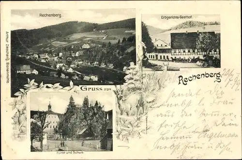 Ak Rechenberg Bienenmühle Erzgebirge, Gesamtansicht, Erbgerichts Gasthof, Ruine und Schule