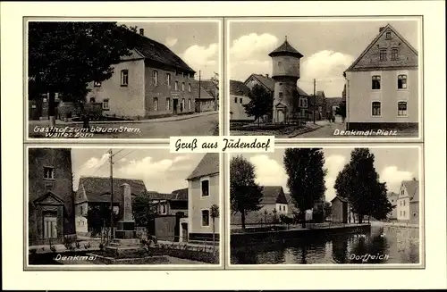 Ak Jüdendorf Steigra Saalekreis, Gasthof zum blauen Stern, Denkmalplatz, Wasserturm, Denkmal, Teich