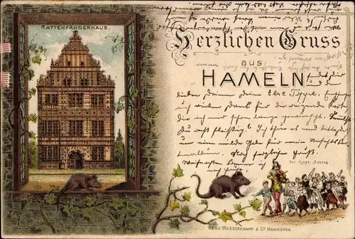 Litho Hameln an der Weser Niedersachsen, Rattenfängerhaus