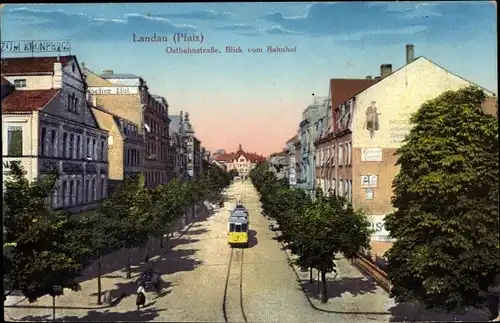 Ak Landau in der Pfalz, Ostbahnstraße, Blick vom Bahnhof, Straßenbahn