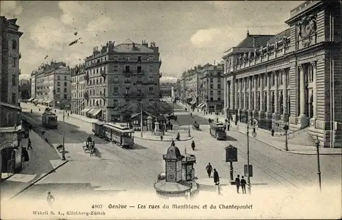 Ak Genève Genf Schweiz, Les rue du Montblanc et du Chantepoulet, tram, Litfaßsäule