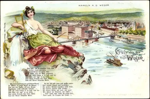 Litho Hameln in Niedersachsen, Gesamtansicht, Weserlied