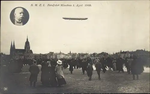 Ak München Bayern, Zeppelin Z I, Fernfahrt 1. April 1909, Luftschiff
