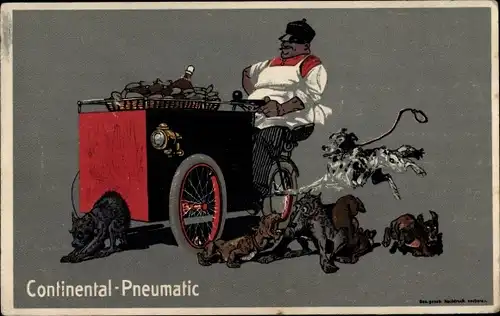 Künstler Ak Reklame Continental Pneumatic, Straßenverkäufer mit Lastenfahrrad, Hunde