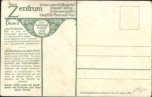 Ak Das Freidenkertum, Neuer Kulturkampf gegen den Klerikalismus, Zentrumspartei