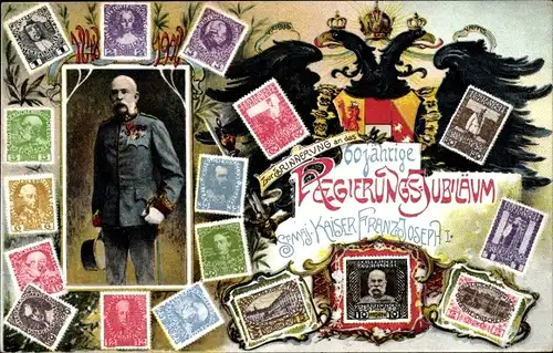 Briefmarken Ak Sr. Maj. Kaiser Franz Josef I., 60 Jähr. Regierungsjubiläum