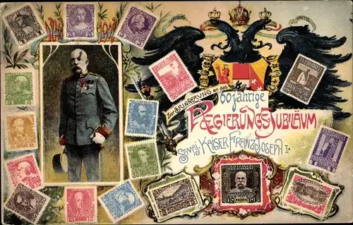 Briefmarken Ak Sr. Maj. Kaiser Franz Josef I., 60 Jähr. Regierungsjubiläum