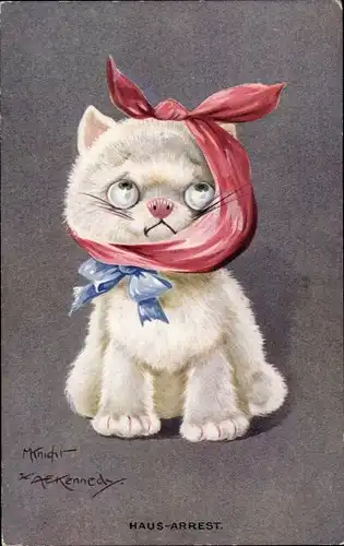Künstler Ak Knight & Kennedy, Hausarrest, weiße Katze mit Zahnschmerzen