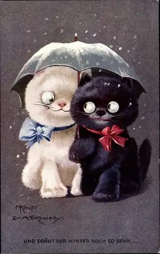 Künstler Ak M. Knight & Kennedy, A. E., Und dräut der Winter noch so sehr, Hauskatze