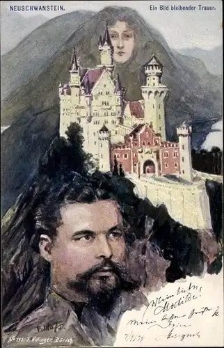 Künstler Ak Hass, Fritz, Neuschwanstein, Berggesicht, König Ludwig II von Bayern, Killinger 195