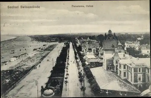 Ak Świnoujście Swinemünde Pommern, Panorama von Osten, Strandpromenade