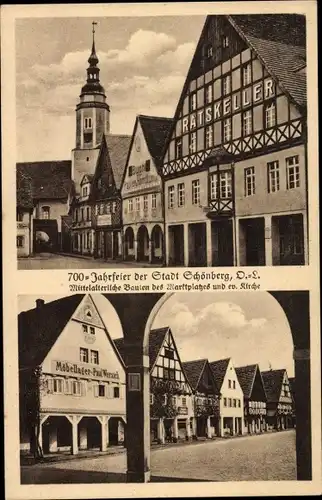 Ak Sulików Schönberg Oberlausitz Schlesien, 700 Jahrfeier, Markt, Ratskeller, ev. Kirche, Möbellager