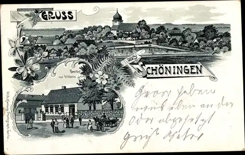 Litho Kamieniec Schöningen Pommern, Totalansicht der Ortschaft, Gasthof