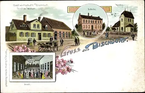 Litho Biskupin Bischdorf Chojnów Haynau Schlesien, Gastwirtschaft, Schule, Kirche