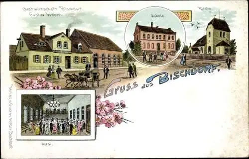 Litho Biskupin Bischdorf Chojnów Haynau Schlesien ?, Gastwirtschaft, Schule, Kirche