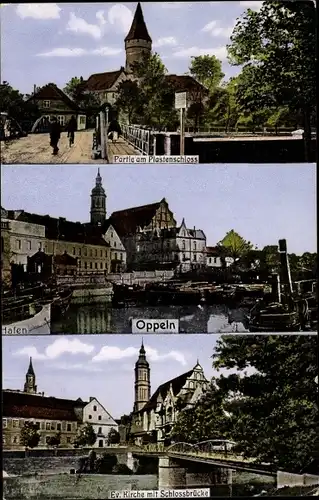 Ak Opole Oppeln Schlesien, Piastenschloss, Hafen, Ev. Kirche, Schlossbrücke