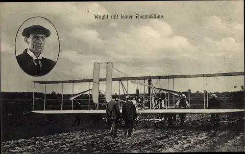 Ak Flugpionier Wright mit seiner Flugmaschine