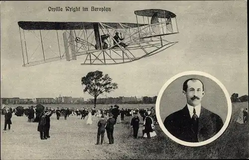 Ak Orville Wright im Aeroplan, Flugpionier, Biplan