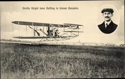 Ak Orville Wright beim Aufstieg in seinem Aeroplan, Flugpionier