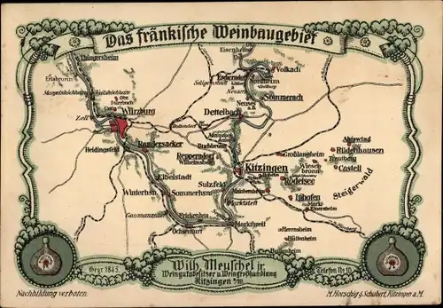 Landkarten Ak Kitzingen, Das fränkische Weinbaugebiet, Weingut Wilh. Meuschel, Würzburg, Dettelbach