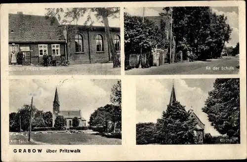 Ak Grabow bei Meyenburg in der Prignitz, Gasthof Albert Zabel, Schule, Teich, Kirche
