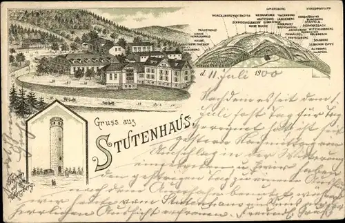 Litho Schleusingen in Thüringen, Stutenhaus am Adlersberg, Turm, Gasthäuser, Aussicht