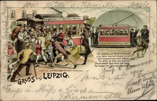 Litho Leipzig in Sachsen, Elektrische Straßenbahn, Erstürmung eines Wagens, BB&OL