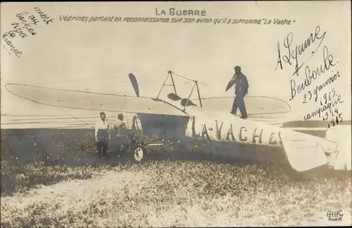 Ak La Guerre, Vedrines partant en reconnaissance sur son avion qu'il a surnommé La Vache