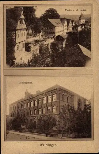 Ak Waiblingen in Württemberg, Partie an der Rems, Volksschule