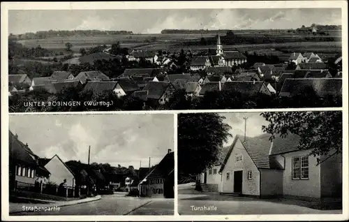 Ak Unterböbingen Böbingen an der Rems, Turnhalle, Blick auf den Ort, Straßenpartie