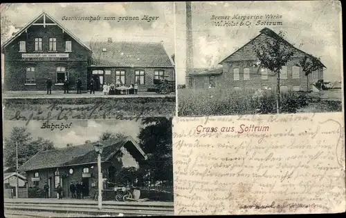 Ak Sottrum in Niedersachsen, Bremer Mararinenwerke, Gastwirtschaft zum grünen Jäger, Bahnhof