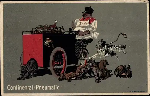 Künstler Ak Reklame Continental Pneumatic, Straßenverkäufer mit Lastenfahrrad, Hunde