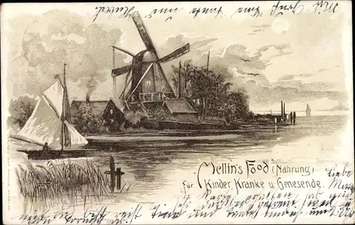 Litho Landschaft mit Windmühle, Reklame, Mellin's Food für Kinder, Kranke und Genesende